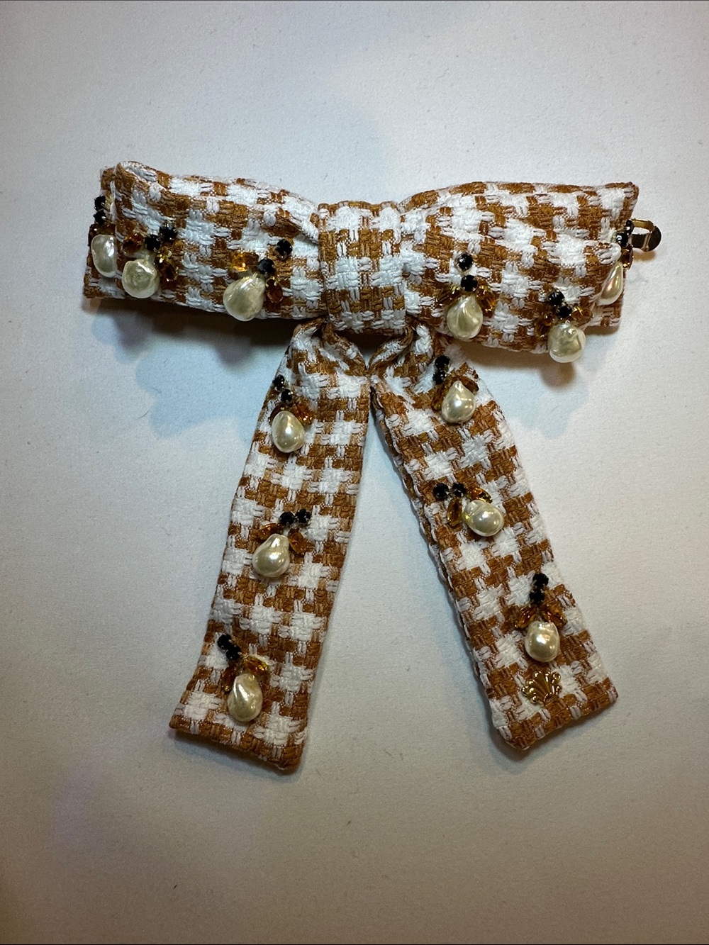 Lele Sadoughi Pearl-Embellished Tweed Bow Hair Clip - Brown & White